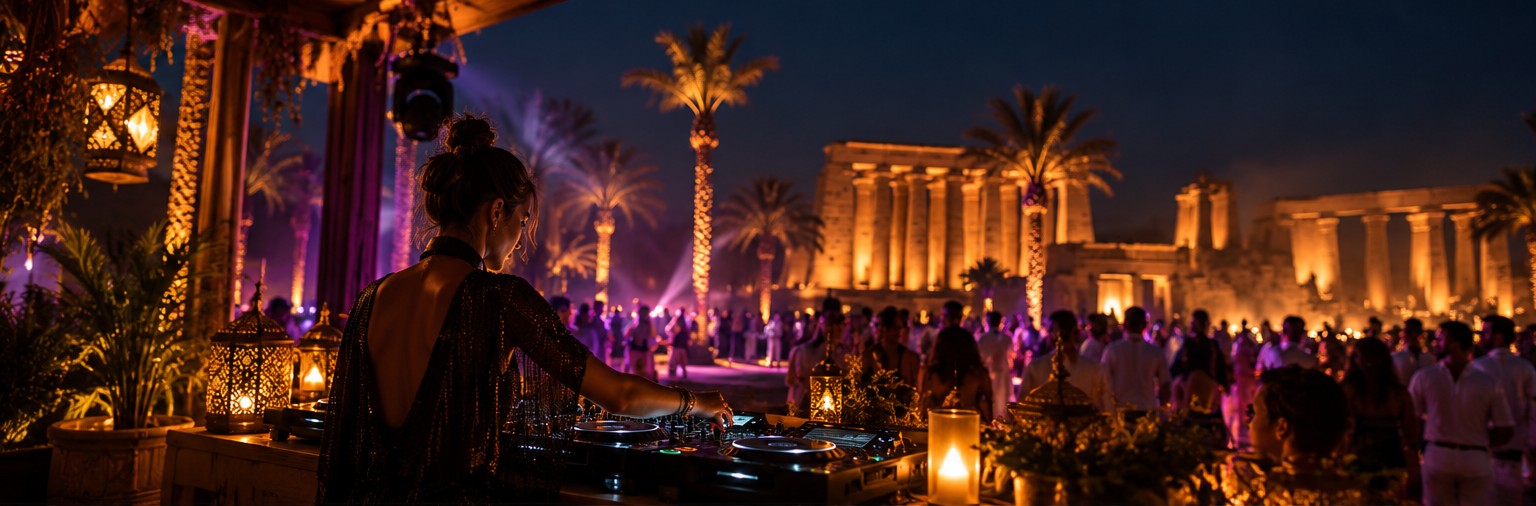 DJ performing at an elegant outdoor night gathering with illuminated temple-inspired architecture