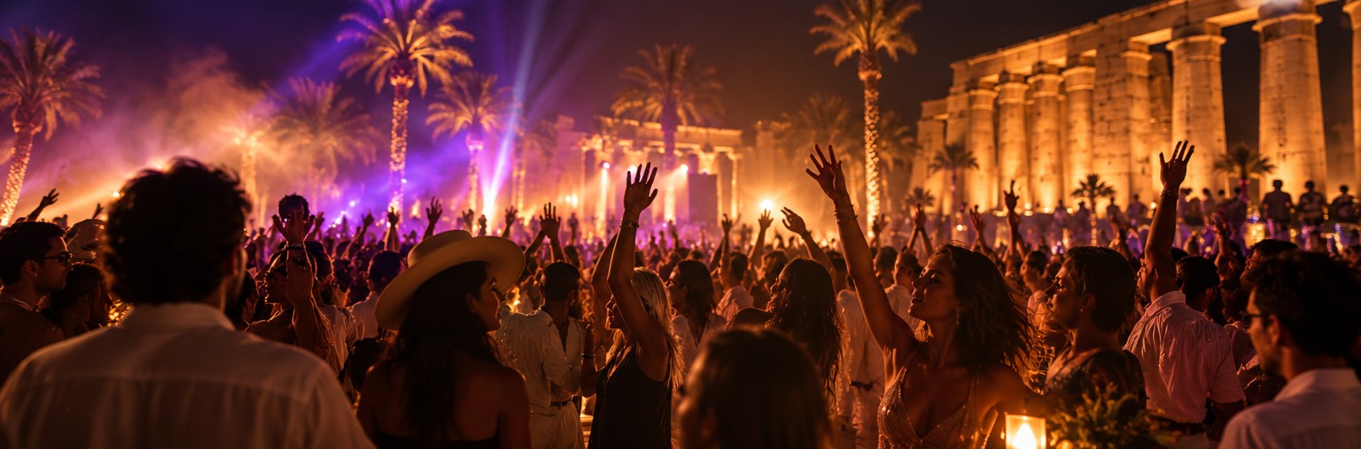 Guests dancing beneath warm and violet lights at an outdoor music celebration